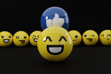 Using emoticons to express emotions. Social media concept, using emoticons among internet users. Emoji in use. Various facial expressions and emoticons. 3D render, 3D illustration.