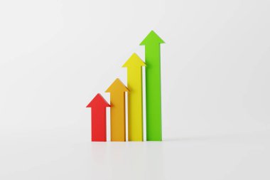 Farklı renkte oklar. İstatistiklerin büyüme konsepti ve şirketin gelişimi, hayat. 3B görüntüleme, 3B resimleme.