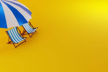Sun loungers on the beach. The concept of rest by the sea, sunbathing. 3D rendering, 3D illustration.