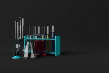 Laboratory glassware on a dark background. Concept of chemistry, chemical glass. Biological and chemical science and education. 3d render.