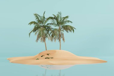 A deserted island with a treasure, gold. Concept of searching for adventure, treasures. 3d render, 3d illustration.