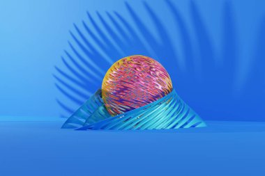 Abstract shapes on a blue background. Concept of abstraction, minimalism. Presenting pretty figures against the shadow of a leaf. 3d render, 3d illustration.