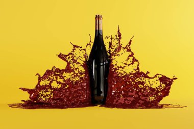 Şarap şişesinin arka planına bir damla kırmızı şarap. Alkol ve alkol kullanımı kavramı. 3d görüntüleme, 3d illüstrasyon.