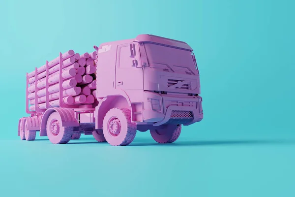 A truck transporting wood on a solid background. The concept of transporting heavy materials, wood. 3d render, 3d illustration