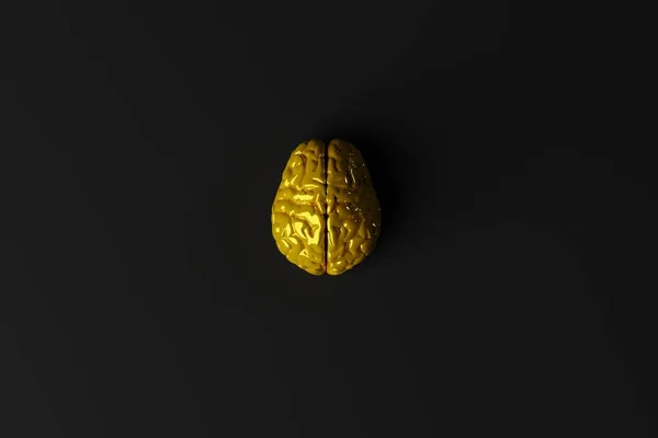 Yellow brain on an dark background. Business concept, brain storming, looking for answers, ideas. Intelligence. 3d rendering, 3d illustration.
