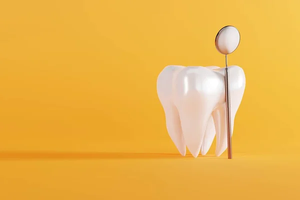 White tooth and a dental mirror on a yellow background. Concept of caring for the teeth, checkup at the dentist. 3d render, illustration.