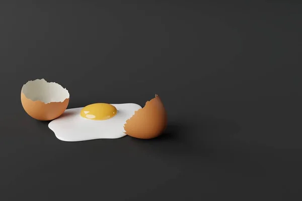 Broken egg on a dark background. Concept of cooking eggs, making an omelette, breaking the shell. 3d render, 3d
