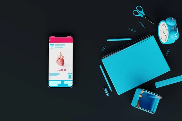 A phone with a school application on the background of school supplies such a notebook, scissors, pencils. Concept of back to school, learning, school exams. 3d rendering, 3d illustration.