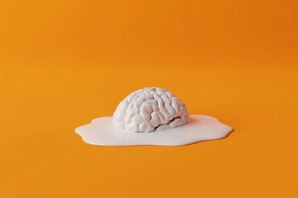 Dissolving white brain on orange. Biological and medical concept. 3d rendering, 3d illustration.