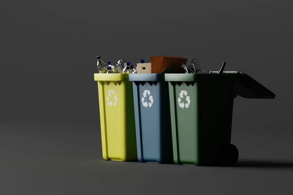 Waste bins for segregation. Wastepaper basket in different colors for the sorting of paper, glass, plastic. Recycling concept, taking care of the environment. 3d rendering, 3d illustration.