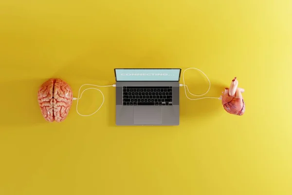 Brain and heart connected to a laptop. Concept of modern disease diagnosis, connectivity between organs and computer. Cyborg. 3d render.