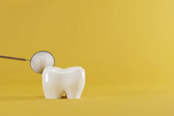 White tooth and a dental mirror on a yellow background. Concept of caring for the teeth, checkup at the dentist. 3d render, illustration.