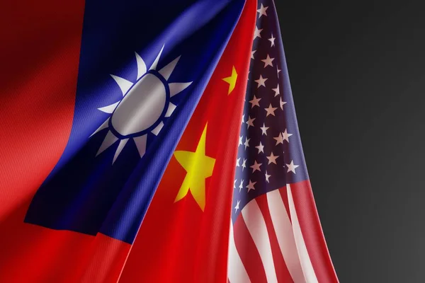 Taiwan, China and USA flag on dark background. Conflict with China concept, United States supporting Taiwan. Threats of war with China. 3D render, 3D illustration.