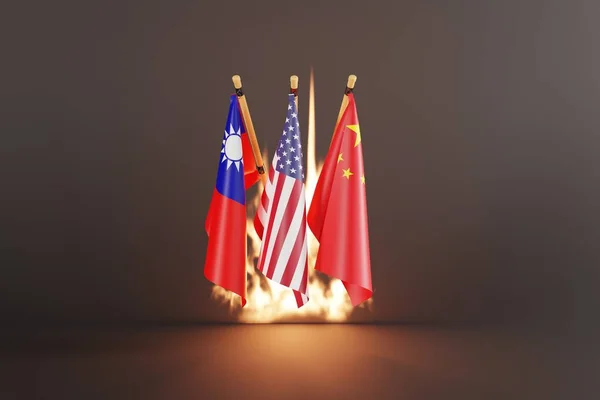 Flag of Taiwan, China and USA on dark background in fire. Conflict with China concept, United States supporting Taiwan. Threats of war with China. 3D render, 3D illustration.