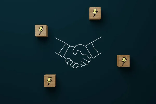 Wooden blocks with a lightning bolt icon and a drawn handshake. Concept of problem solving, mediation, communication. 3d render