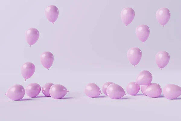Pink balloons on a pink pastel background. Concept for the release of balloons, balloons inflated with air. 3d rendering, 3d illustration.