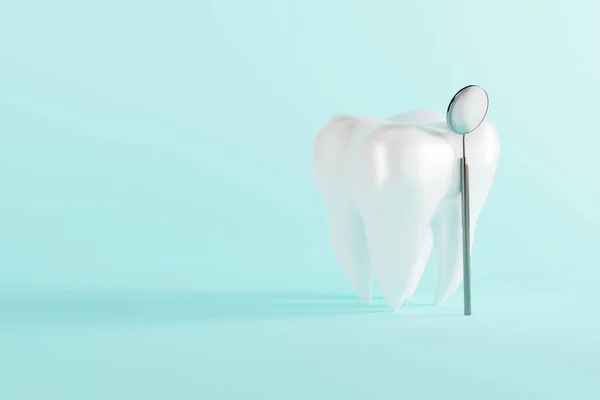 White tooth and a dental mirror on a blue background. Concept of caring for the teeth, checkup at the dentist. 3d render, illustration.