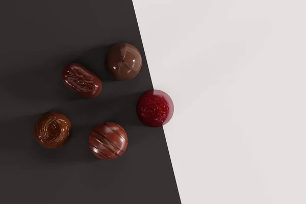Various chocolate pralines on a white black background. Concept of making chocolate, eating pralines. 3D render, 3D illustration.