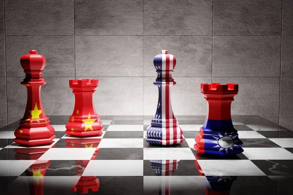 stock image Chess pieces in the colors of the Taiwan, China and USA flags. Conflict with China concept, United States supporting Taiwan. Threats of war with China. 3D render, 3D illustration.