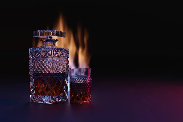 Crystal bottle with alcohol and a glass against the background of fire flames. Alcohol consumption concept. 3d render.