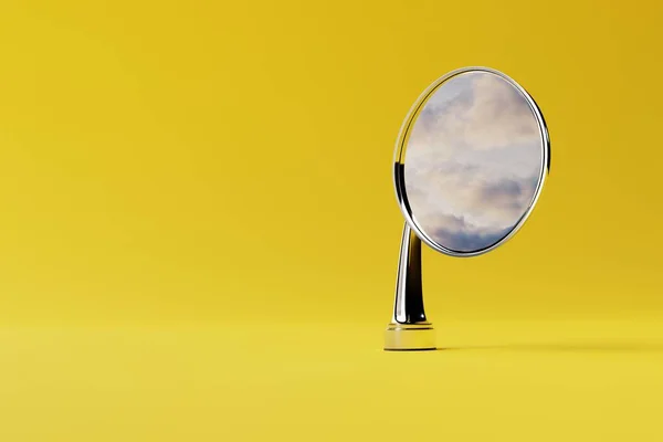 Retro car mirror on yellow background reflecting clouds. Concept of abstraction, dreams. 3d render.