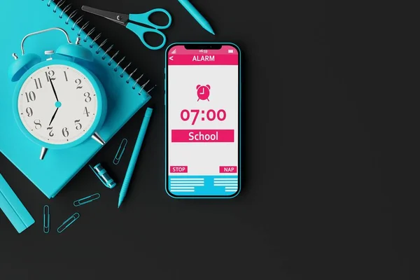A telephone with an alarm clock on the background of school supplies and a dark background. Concept of getting up to school in the morning, back to school. 3d rendering, 3d illustration.