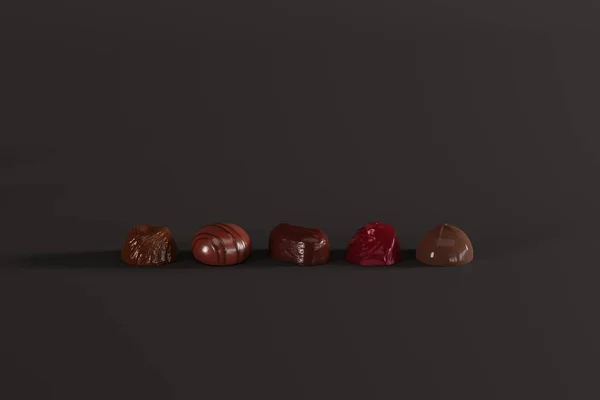 Various chocolate pralines on a dark background. Concept of making chocolate, eating pralines. 3D render, 3D illustration.