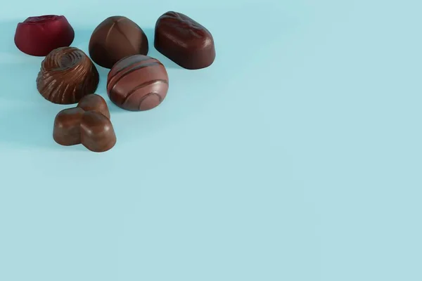 Various chocolate pralines on a blue background. Concept of making chocolate, eating pralines. 3D render, 3D illustration.