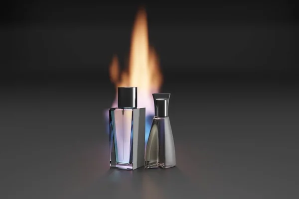 Two bottles of perfume on a dark background and a fire in the background. The concept of using perfume, buying fragrances. 3d render.