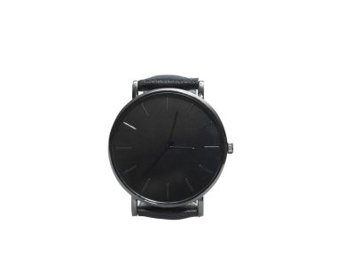 Black classic wristwatch, leather strap. Timekeeping concept, using minimalist style. Business and financial concept.