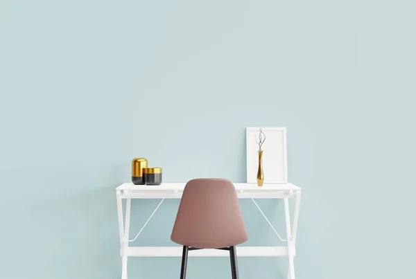 A bright desk with ornaments and a chair. Minimalist concept, modern and nice office for work. Office work concept. 3D render, 3D illustration.