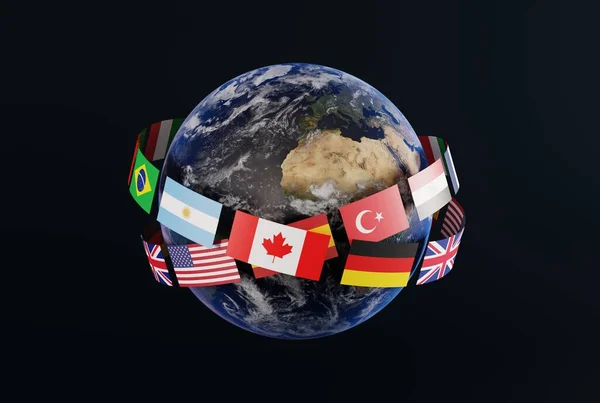 Planet Earth entwined by flags of different countries. Business and geopolitical concept, unification of countries, togetherness. 3D render, 3D illustration.