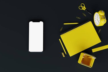 School supplies, notebook, pens, alarm clock and blank screen phone. Concept for back to school, learning. Yellow school items on a dark background. 3d rendering, 3d illustration.