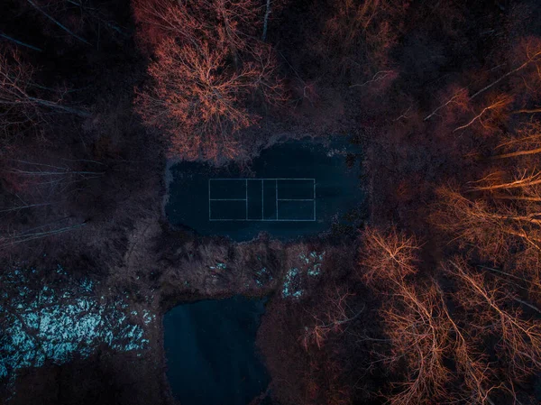 Blick Auf Einen Verlassenen Tennisplatz Mitten Wald Drohne Luftaufnahme Eines — Stockfoto