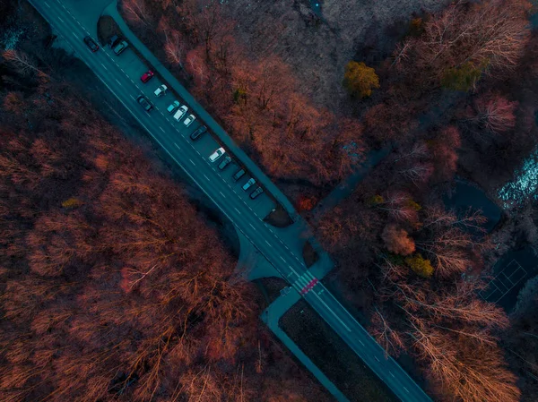 Aerial View Drone Parking Lot Forest Concept Rest Leaving Car — Φωτογραφία Αρχείου