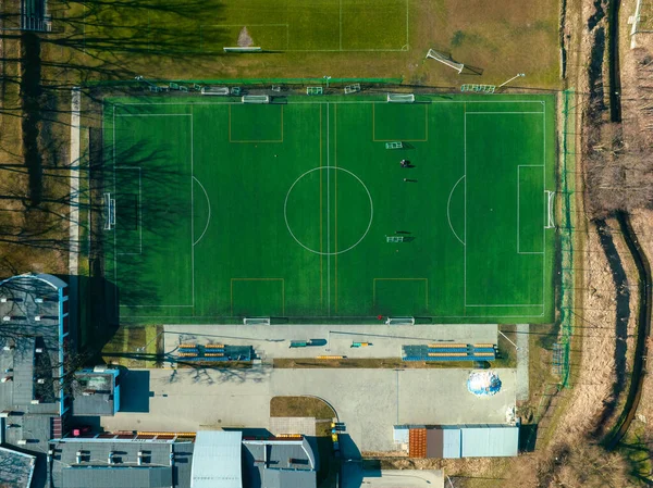 Campo Futebol Visto Drone Vista Aérea Campo Futebol Esporte Conceito — Fotografia de Stock