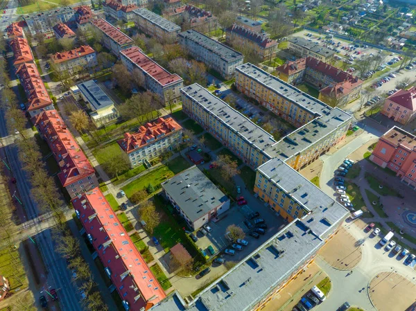 View of the housing estate in the city of Tychy on one of the housing estates. Photo from the drone on Tychy and the urban housing estate, the central point.