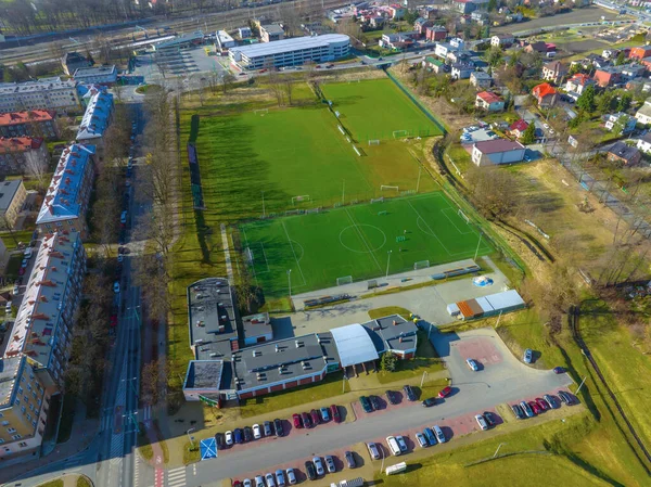 Football Field Seen Drone Air Aerial View Soccer Field Sport — Zdjęcie stockowe