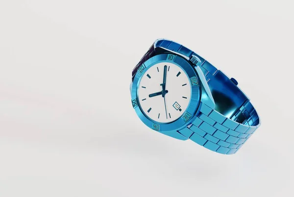 Blauw Metalen Polshorloge Horloge Tijdcontroleconcept Geïsoleerd Horloge Render Illustratie — Stockfoto