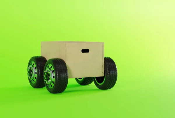 A package, a cardboard box with wheels, looking like a car. The concept of transport, the work of couriers and logistics companies. Couriers delivering parcels. 3D render, 3D illustration.