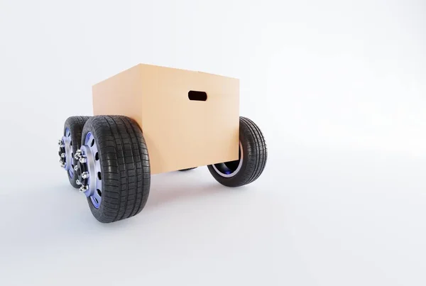 パッケージ 車輪付きの段ボール箱 車のように見えます 輸送の概念 宅配便や物流会社の仕事 宅配便は小包を配達する 3Dレンダリング 3Dイラスト — ストック写真