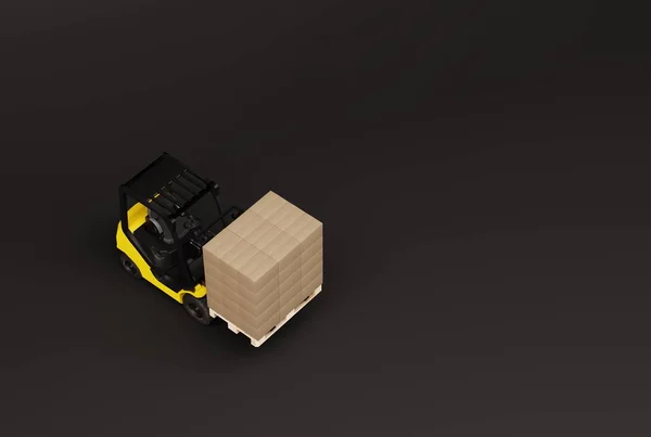 带托盘和纸板箱的叉车 运输的概念 快递和物流公司的工作 送包裹的快递员3D渲染 3D插图 — 图库照片
