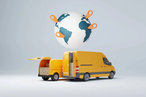Vans Buses Background Planet Geo Markers Concept Parcel Delivery Logistics —  Fotos de Stock