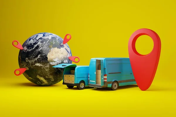 Vans Buses Background Planet Geo Markers Concept Parcel Delivery Logistics —  Fotos de Stock