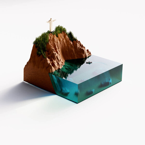 The concept of the statue of Christ on the hill in Rio, Brazil. Mini World in the form of a cube with a landscape of a mountain and a statue of Jesus. 3D render, 3D illustration.
