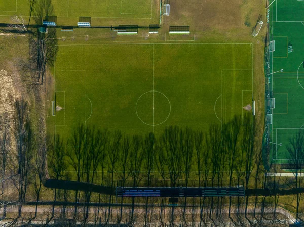 Voetbalveld Gezien Vanaf Drone Lucht Luchtfoto Van Voetbalveld Sport Voetbalspel — Stockfoto