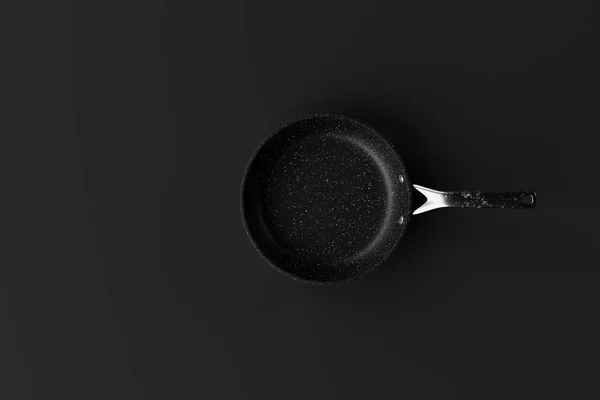 蓝色背景上的黑色煎锅 烹调的概念 买厨房设备 碗碟3D渲染 — 图库照片