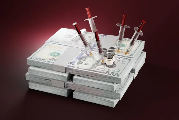 Money Syringes Vaccines Embedded Them Concept Financing Vaccines Problems Doctors — Stock Photo, Image