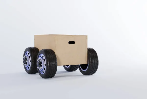 一个包裹 一个有轮子的纸板箱 看起来像一辆汽车 运输的概念 快递和物流公司的工作 送包裹的快递员3D渲染 3D插图 — 图库照片