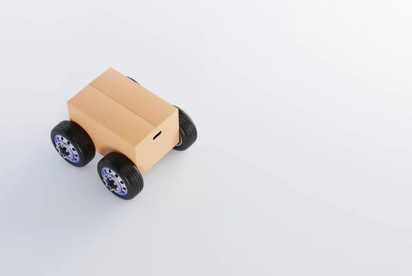Paczka Kartonowe Pudełko Kołami Wyglądające Jak Samochód Koncepcja Transportu Praca — Zdjęcie stockowe